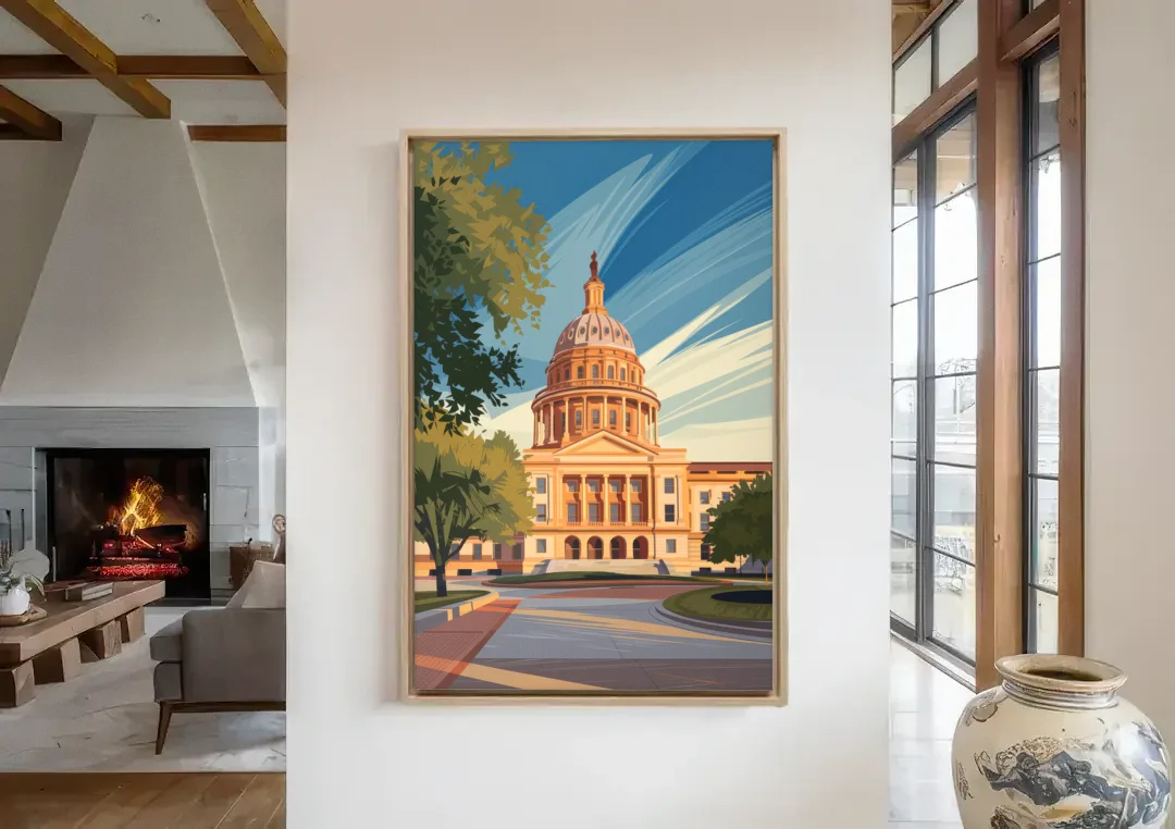 Austin Capitol Building Charm canvas wall art in a living room with a fireplace