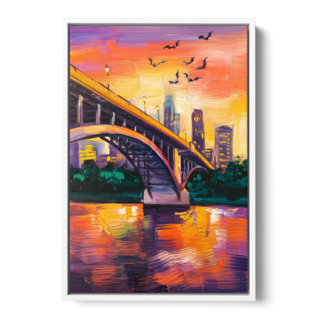 Austin Congress Avenue Bridge - White Framed Canvas Wall Art - Front