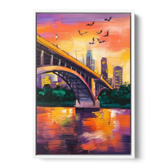 Austin Congress Avenue Bridge - White Framed Canvas Wall Art - Front