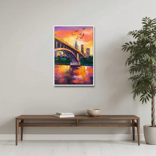 Austin Congress Avenue Bridge - White Framed Canvas Wall Art - Coffee Table - 24x36