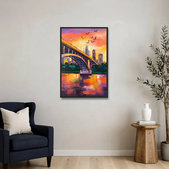 Austin Congress Avenue Bridge - Black Framed Canvas Wall Art - Sofa - 24x36