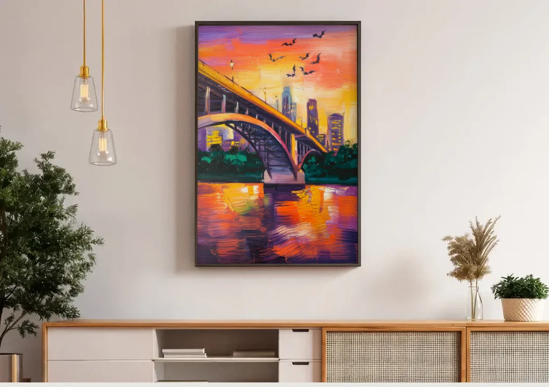 Austin Congress Avenue Bridge canvas wall art above a wooden sideboard under pendant lights