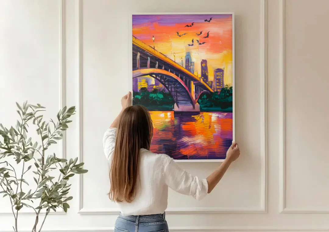 Austin Congress Avenue Bridge canvas wall art being hung on a paneled wall
