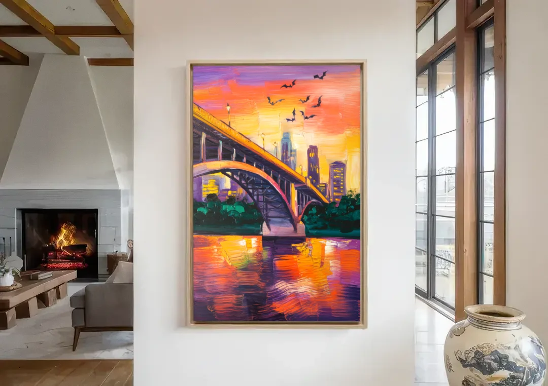 Austin Congress Avenue Bridge canvas wall art in a living room with a fireplace