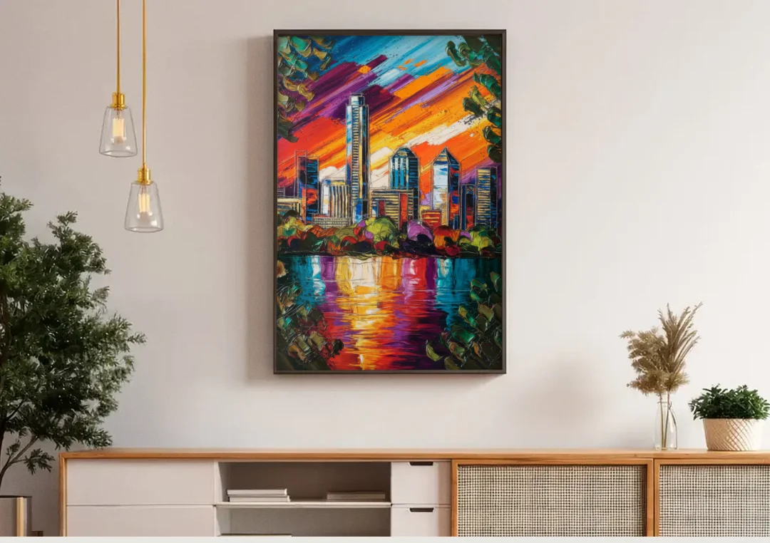 Austin Downtown Vibes canvas wall art above a wooden sideboard under pendant lights