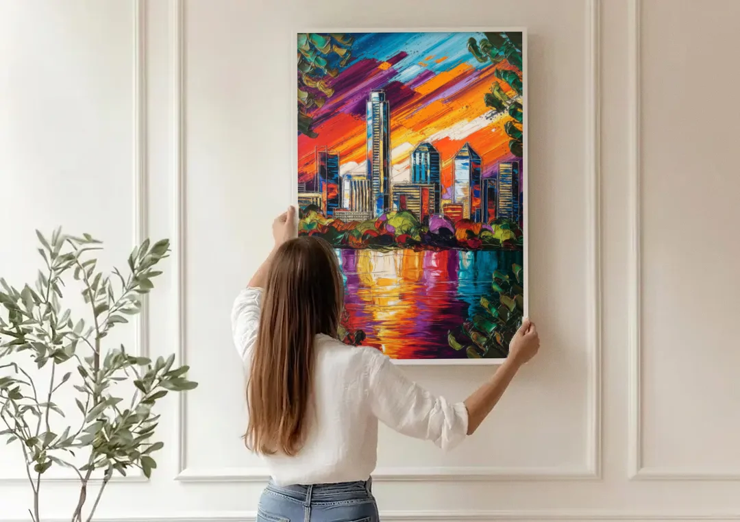 Austin Downtown Vibes canvas wall art being hung on a paneled wall