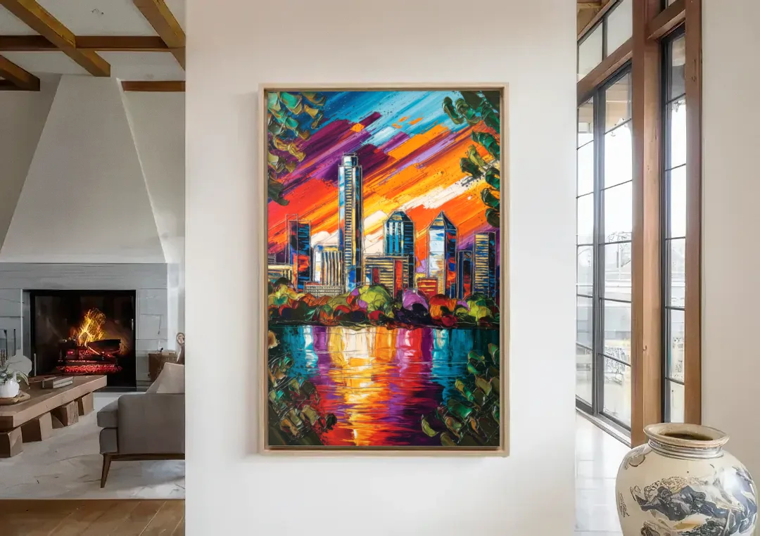 Austin Downtown Vibes canvas wall art in a living room with a fireplace