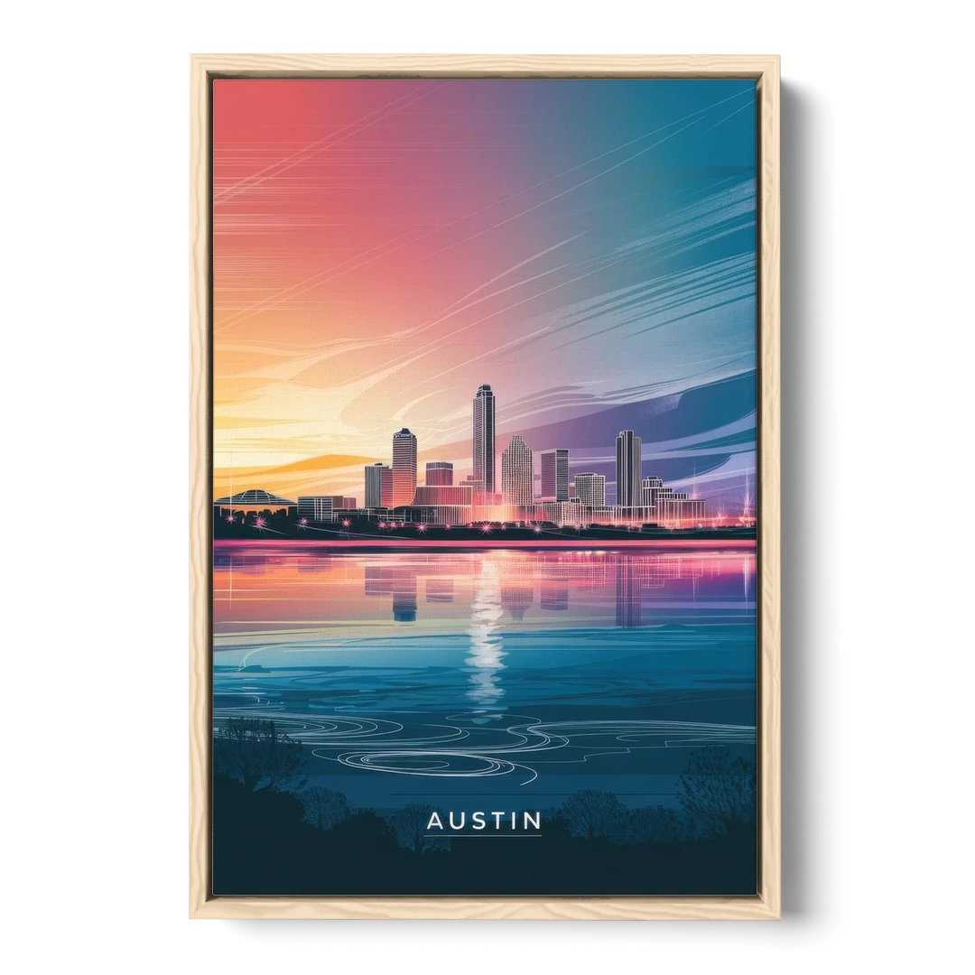 Austin Downtown Vibes Skyline - Oak Framed Canvas Wall Art - Front