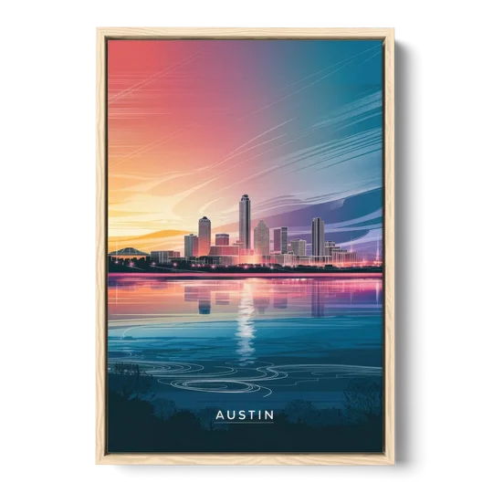 Austin Downtown Vibes Skyline - Oak Framed Canvas Wall Art - Front