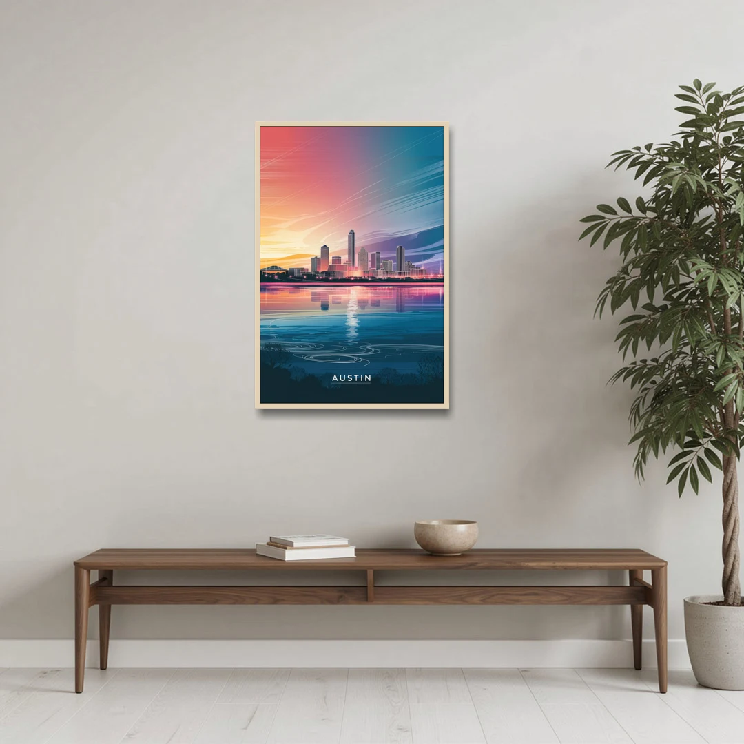 Austin Downtown Vibes Skyline - Oak Framed Canvas Wall Art - Coffee Table - 24x36