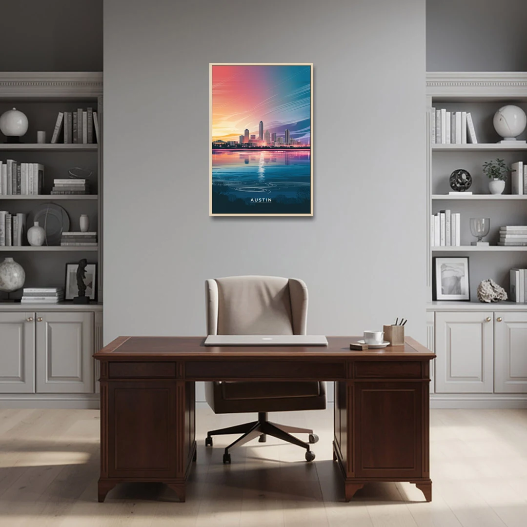 Austin Downtown Vibes Skyline - Oak Framed Canvas Wall Art - Office - 24x36