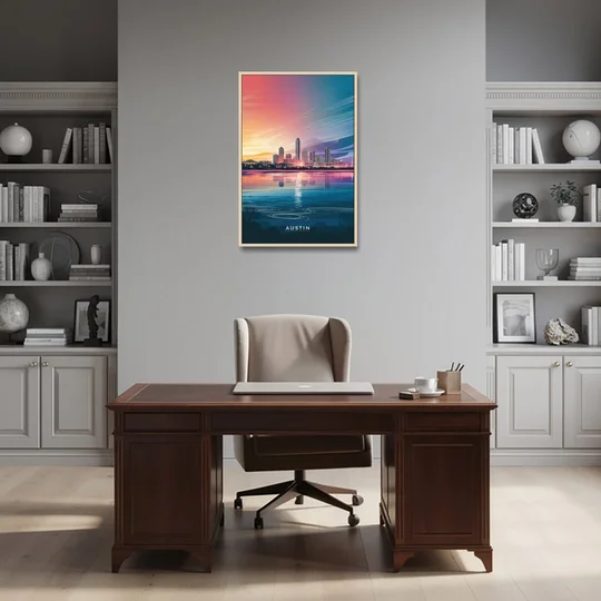 Austin Downtown Vibes Skyline - Oak Framed Canvas Wall Art - Office - 24x36