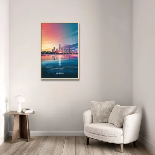 Austin Downtown Vibes Skyline - Oak Framed Canvas Wall Art - Sofa - 24x36