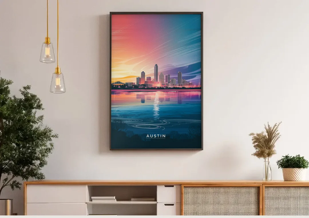 Austin Downtown Vibes Skyline canvas wall art above a wooden sideboard under pendant lights