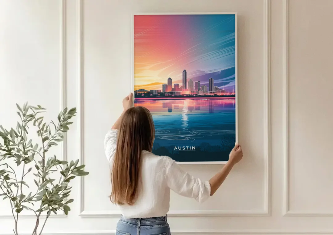 Austin Downtown Vibes Skyline canvas wall art being hung on a paneled wall