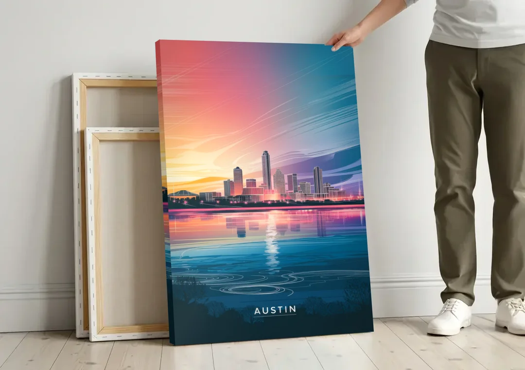Austin Downtown Vibes Skyline canvas wall art leaning against a wall next to blank canvases