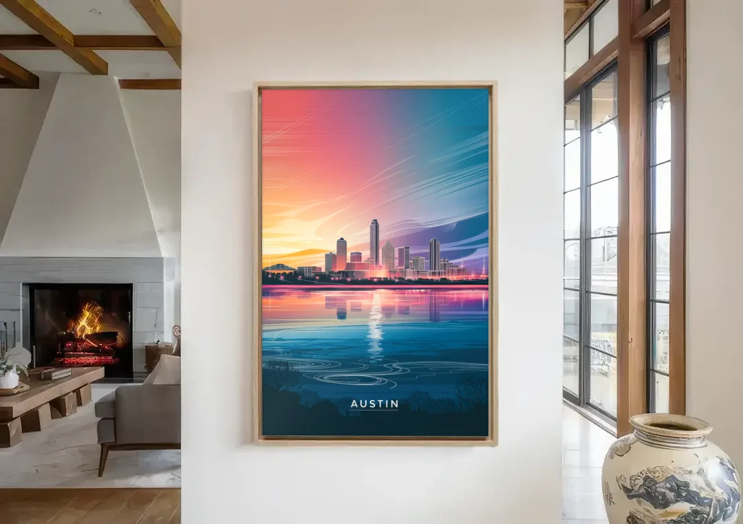 Austin Downtown Vibes Skyline canvas wall art in a living room with a fireplace