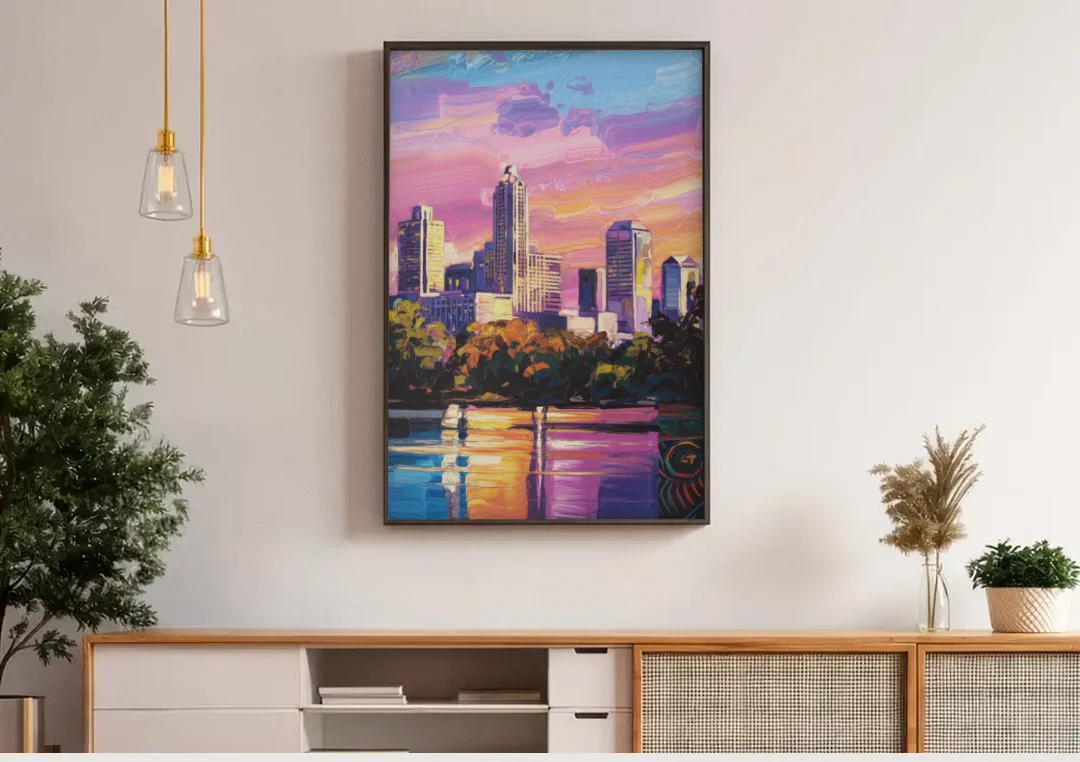 Austin East Side Murals canvas wall art above a wooden sideboard under pendant lights