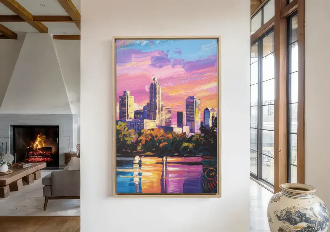 Austin East Side Murals canvas wall art in a living room with a fireplace