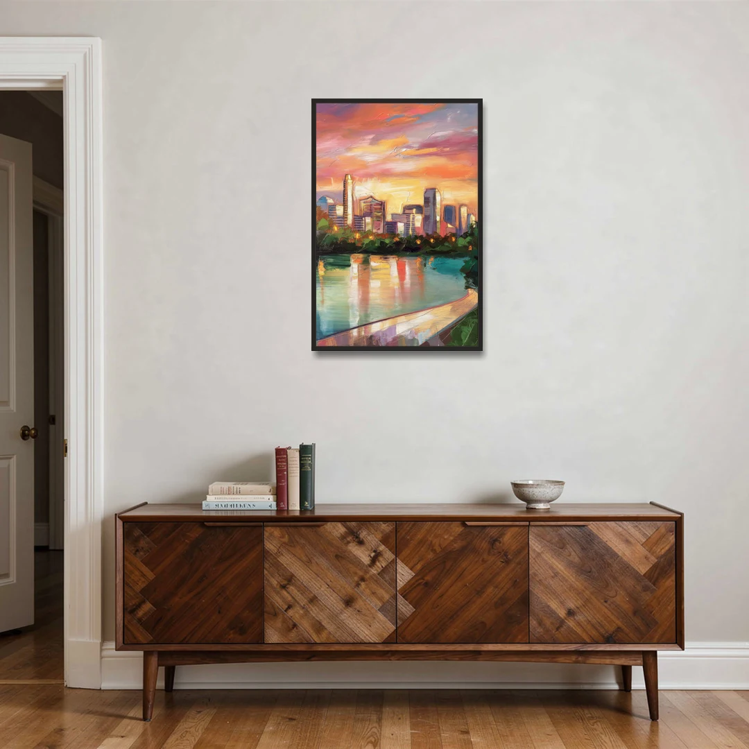 Austin Enchanting Cityscape - Black Framed Canvas Wall Art - Coffee Table - 24x36