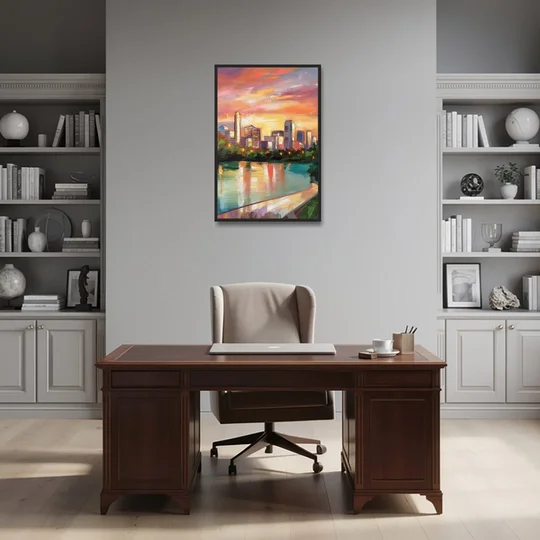 Austin Enchanting Cityscape - Black Framed Canvas Wall Art - Office - 24x36