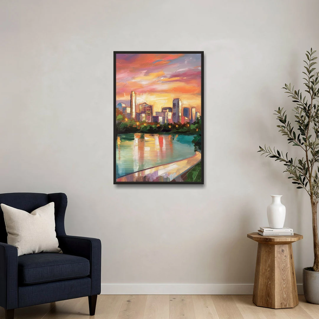 Austin Enchanting Cityscape - Black Framed Canvas Wall Art - Sofa - 24x36