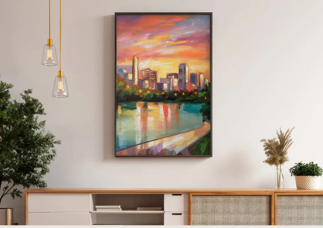 Austin Enchanting Cityscape canvas wall art above a wooden sideboard under pendant lights