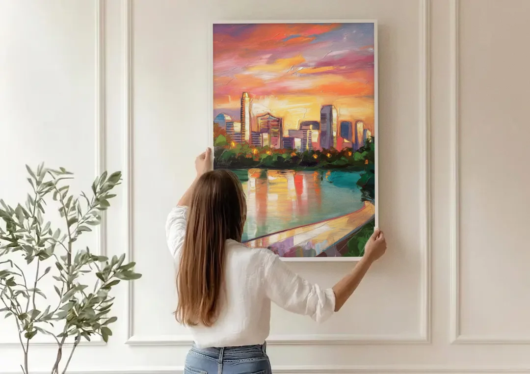 Austin Enchanting Cityscape canvas wall art being hung on a paneled wall