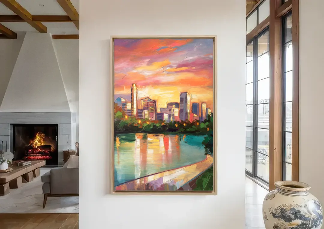 Austin Enchanting Cityscape canvas wall art in a living room with a fireplace