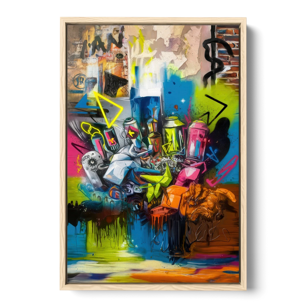 Austin Graffiti Street Style - Oak Framed Canvas Wall Art - Front
