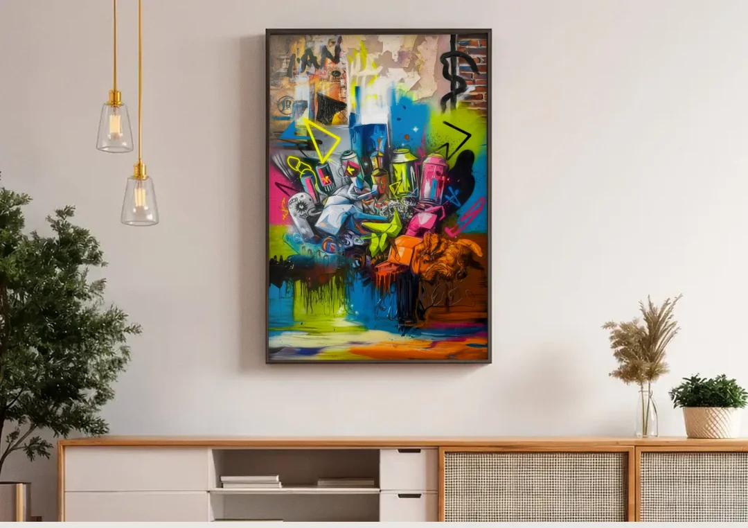 Austin Graffiti Street Style canvas wall art above a wooden sideboard under pendant lights
