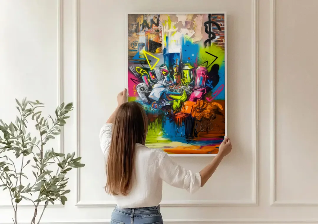 Austin Graffiti Street Style canvas wall art being hung on a paneled wall