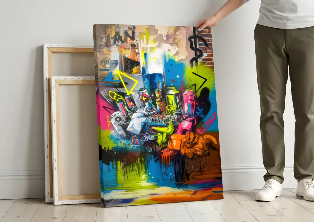 Austin Graffiti Street Style canvas wall art leaning against a wall next to blank canvases