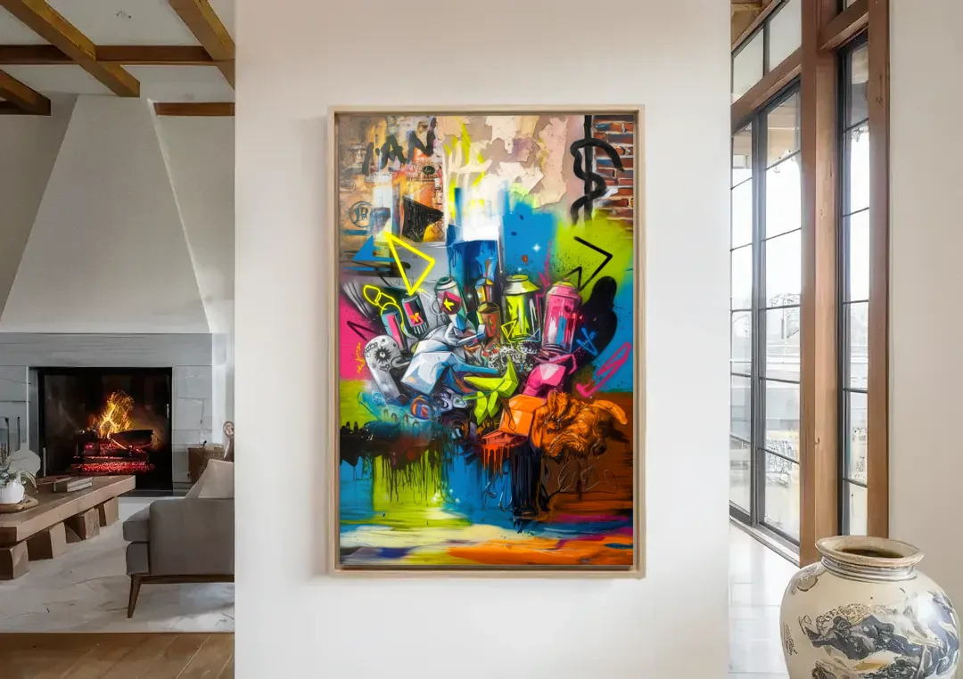 Austin Graffiti Street Style canvas wall art in a living room with a fireplace