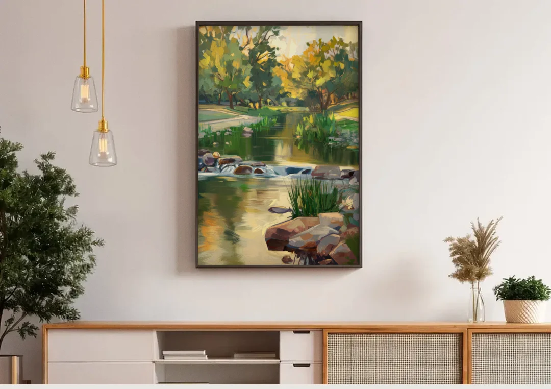 Austin Greenbelt Escape canvas wall art above a wooden sideboard under pendant lights