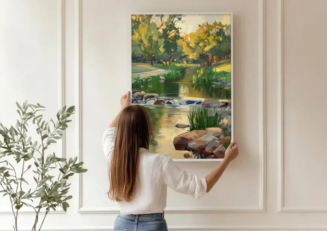 Austin Greenbelt Escape canvas wall art being hung on a paneled wall