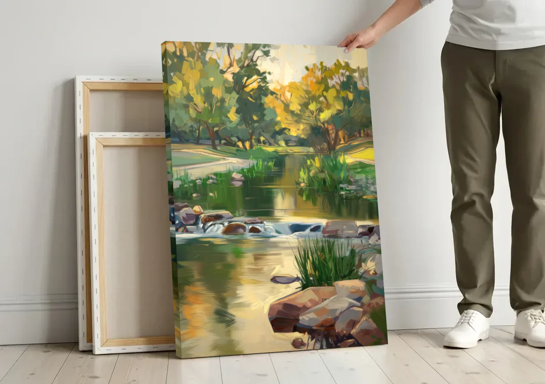 Austin Greenbelt Escape canvas wall art leaning against a wall next to blank canvases