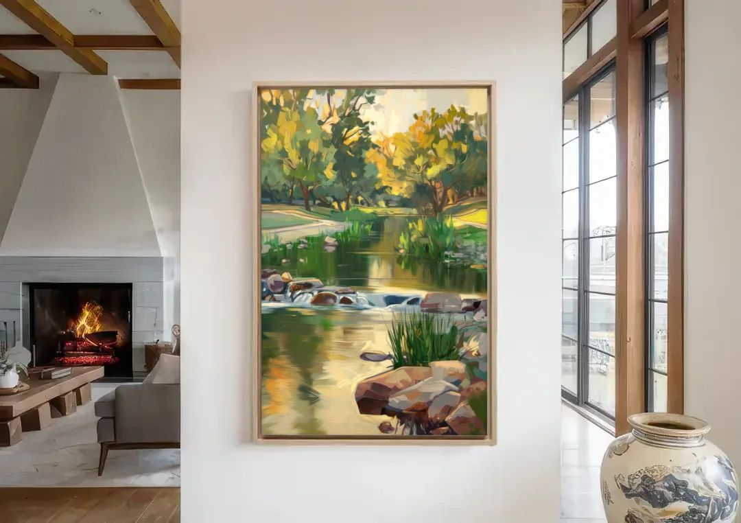 Austin Greenbelt Escape canvas wall art in a living room with a fireplace