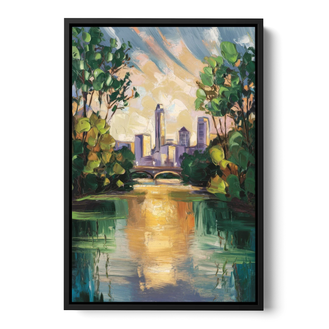 Austin Lady Bird Lake Scene - Black Framed Canvas Wall Art - Front