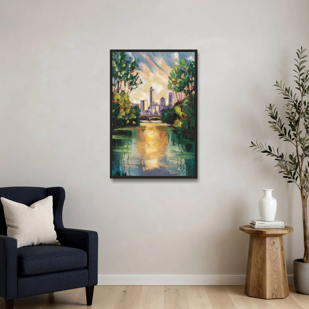 Austin Lady Bird Lake Scene - Black Framed Canvas Wall Art - Sofa - 24x36