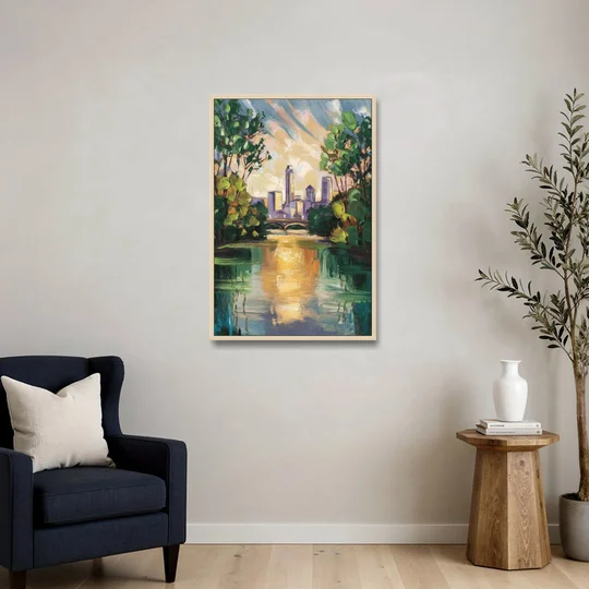 Austin Lady Bird Lake Scene - Oak Framed Canvas Wall Art - Sofa - 24x36