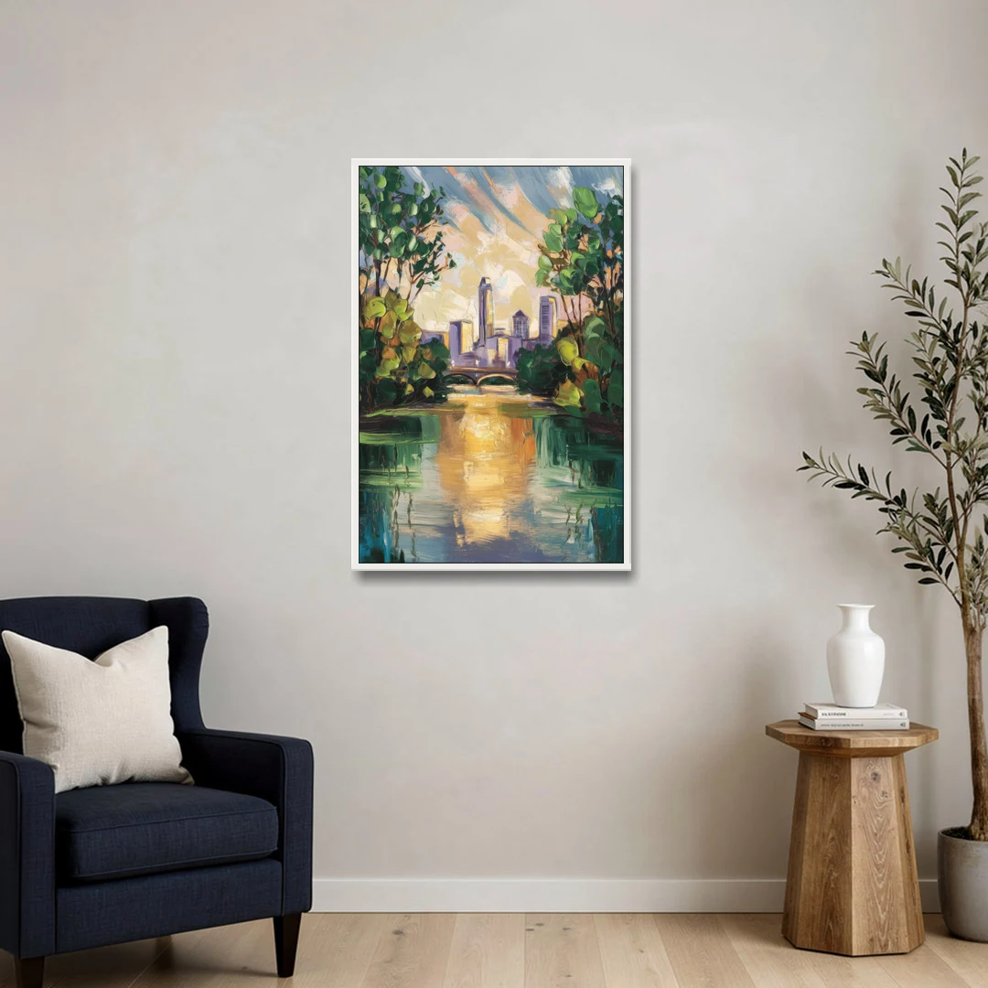 Austin Lady Bird Lake Scene - White Framed Canvas Wall Art - Sofa - 24x36