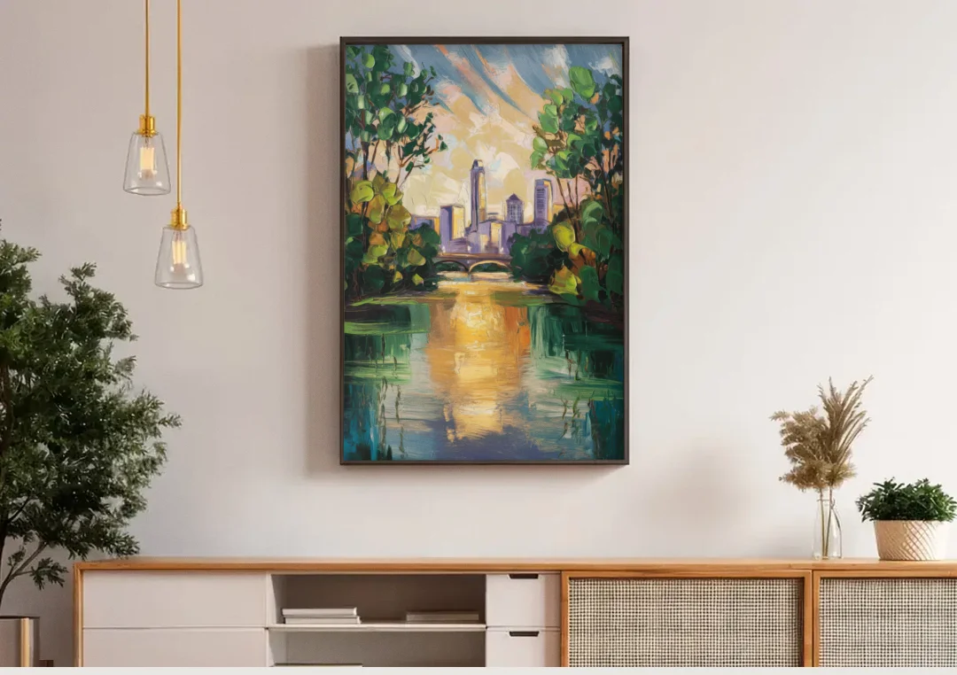 Austin Lady Bird Lake Scene canvas wall art above a wooden sideboard under pendant lights
