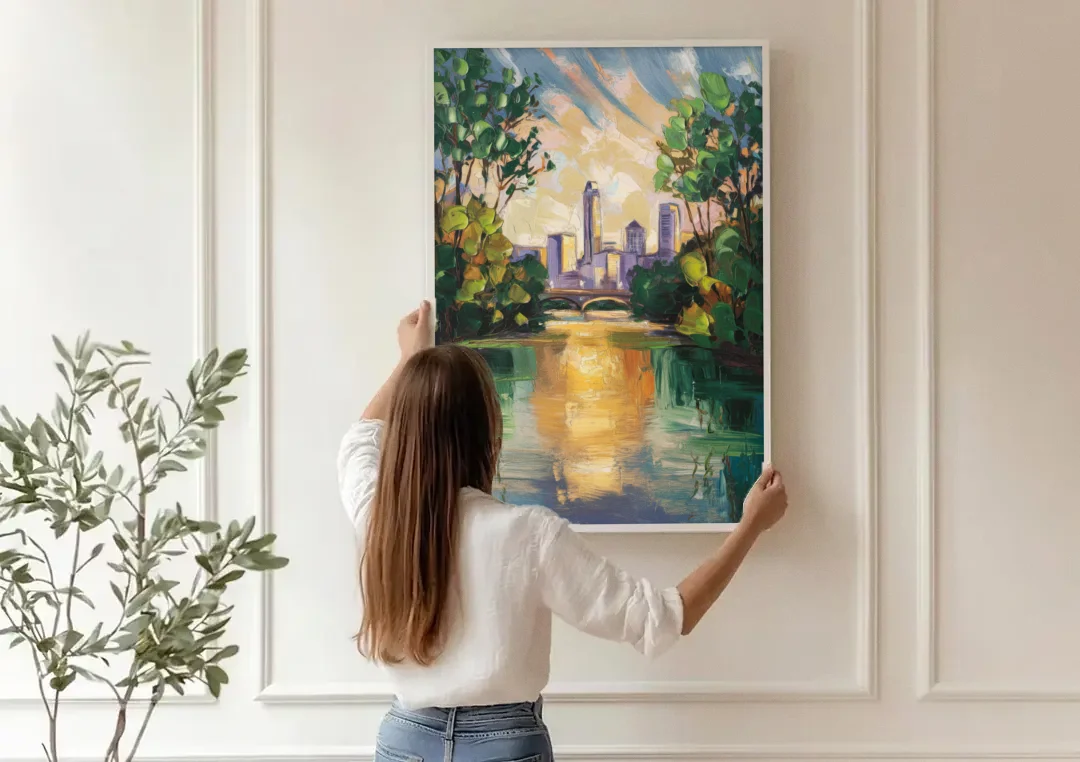 Austin Lady Bird Lake Scene canvas wall art being hung on a paneled wall