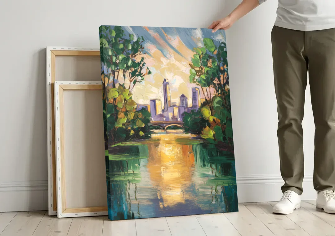 Austin Lady Bird Lake Scene canvas wall art leaning against a wall next to blank canvases