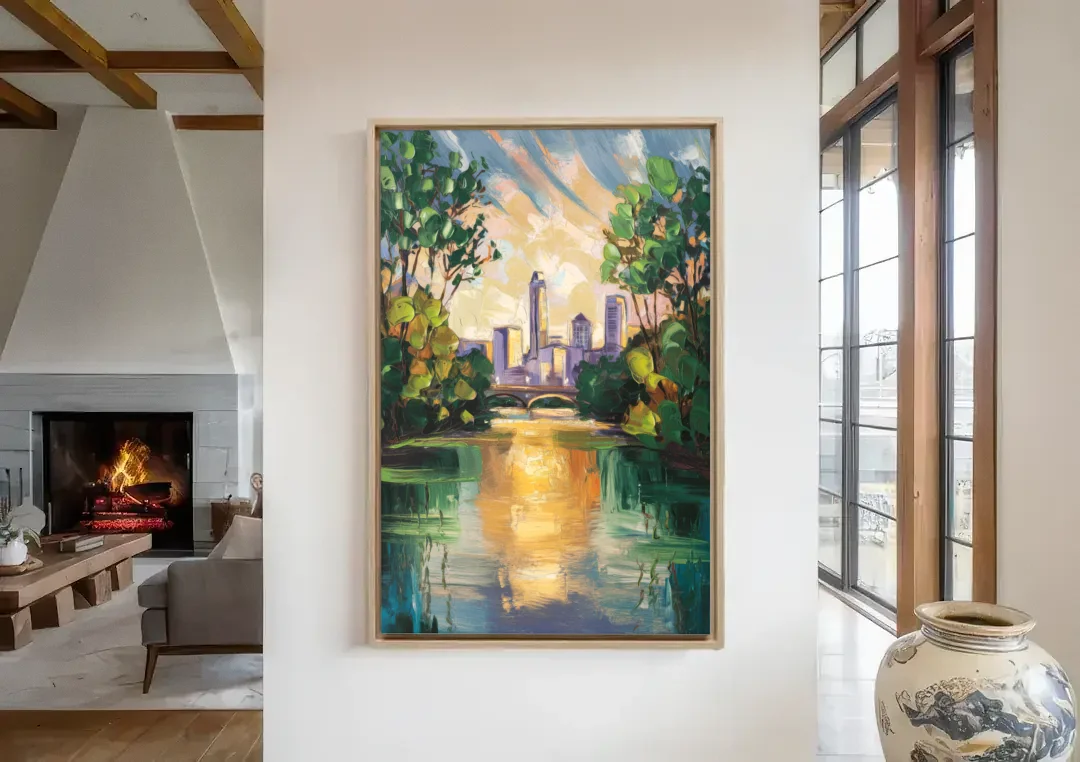 Austin Lady Bird Lake Scene canvas wall art in a living room with a fireplace