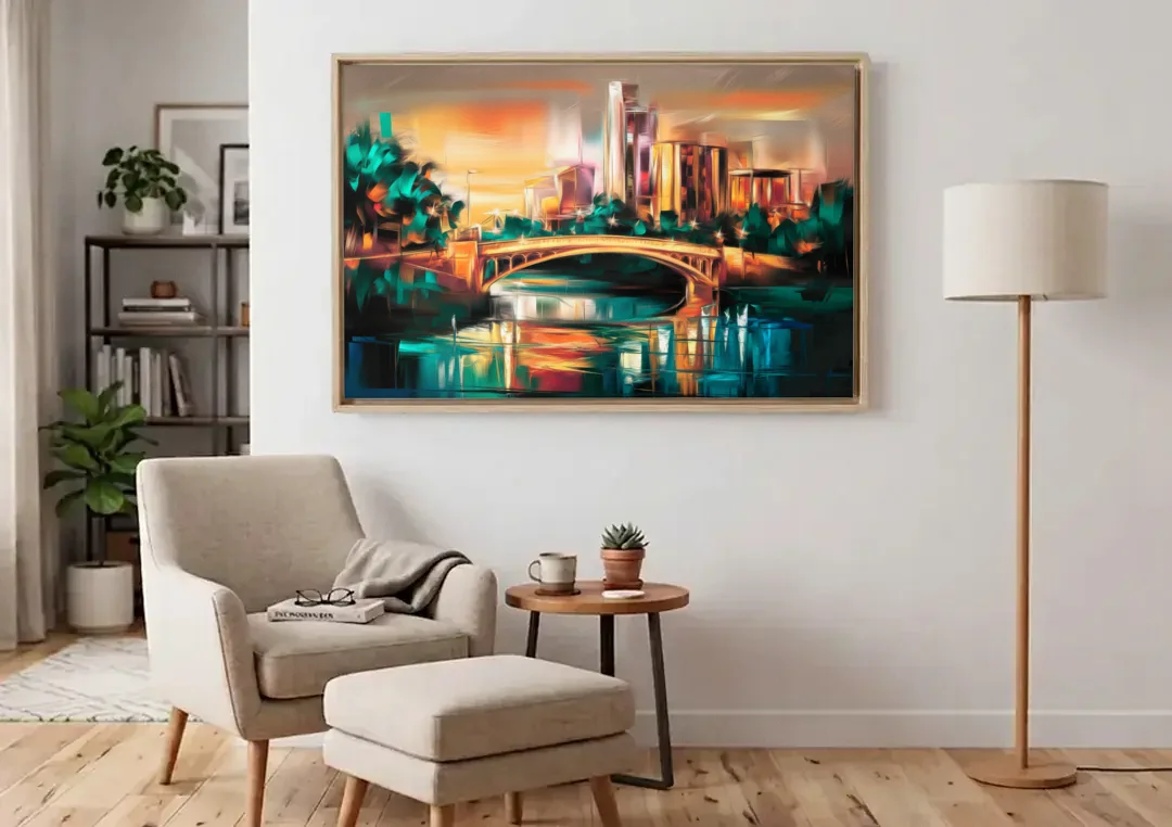 Austin Lamar Boulevard Magic canvas wall art above an armchair in a bright living room