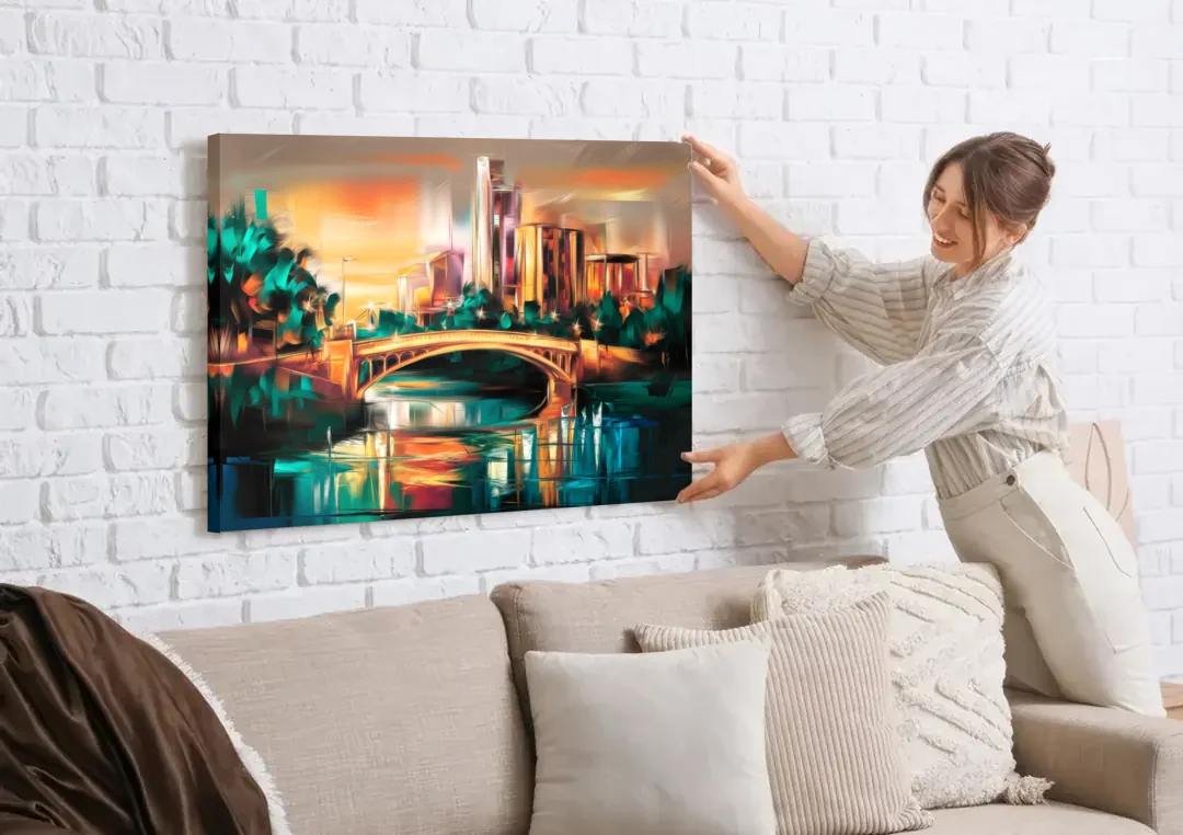 Austin Lamar Boulevard Magic canvas wall art being hung on a white brick wall above a sofa
