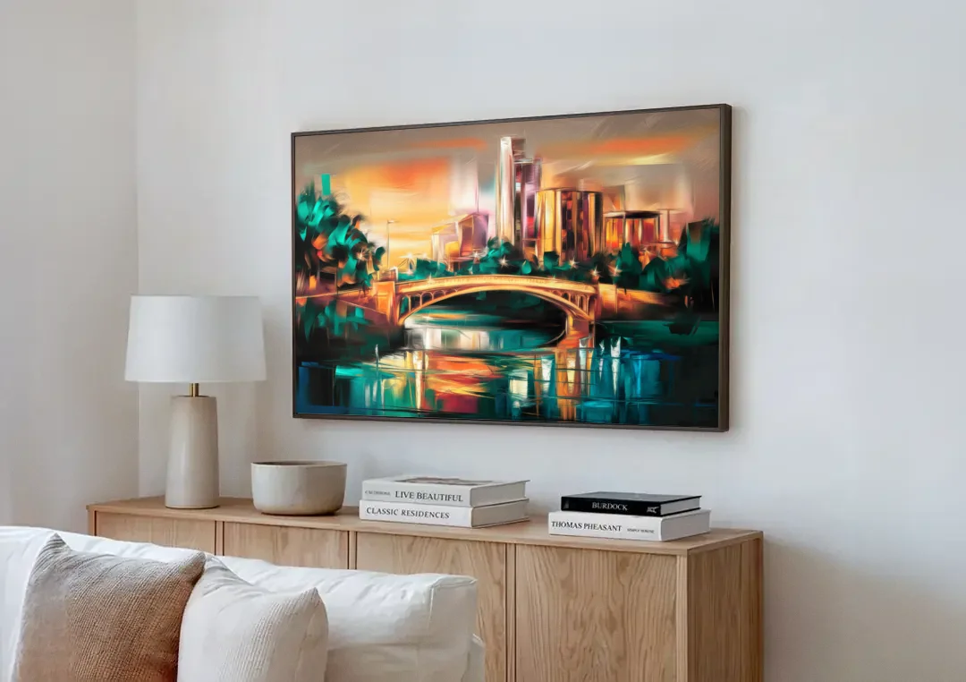 Austin Lamar Boulevard Magic canvas wall art above a wooden sideboard next to a sofa