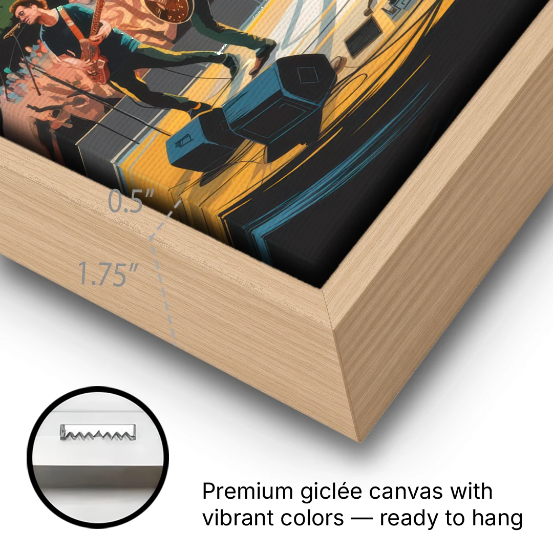Austin Live Music Capital - Oak Framed Canvas Wall Art - Gallery Wrap Corner